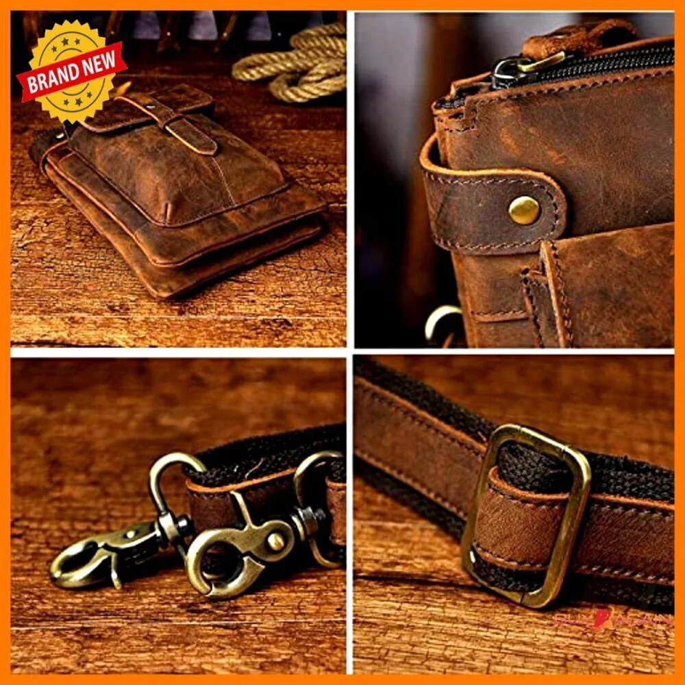 Genuine Leather Fanny Pack Messenger Bag Adjustable Strap Tablet Fit